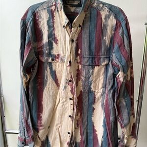 Vintage Striped Button-Up Shirt in Red, Blue, and Cream